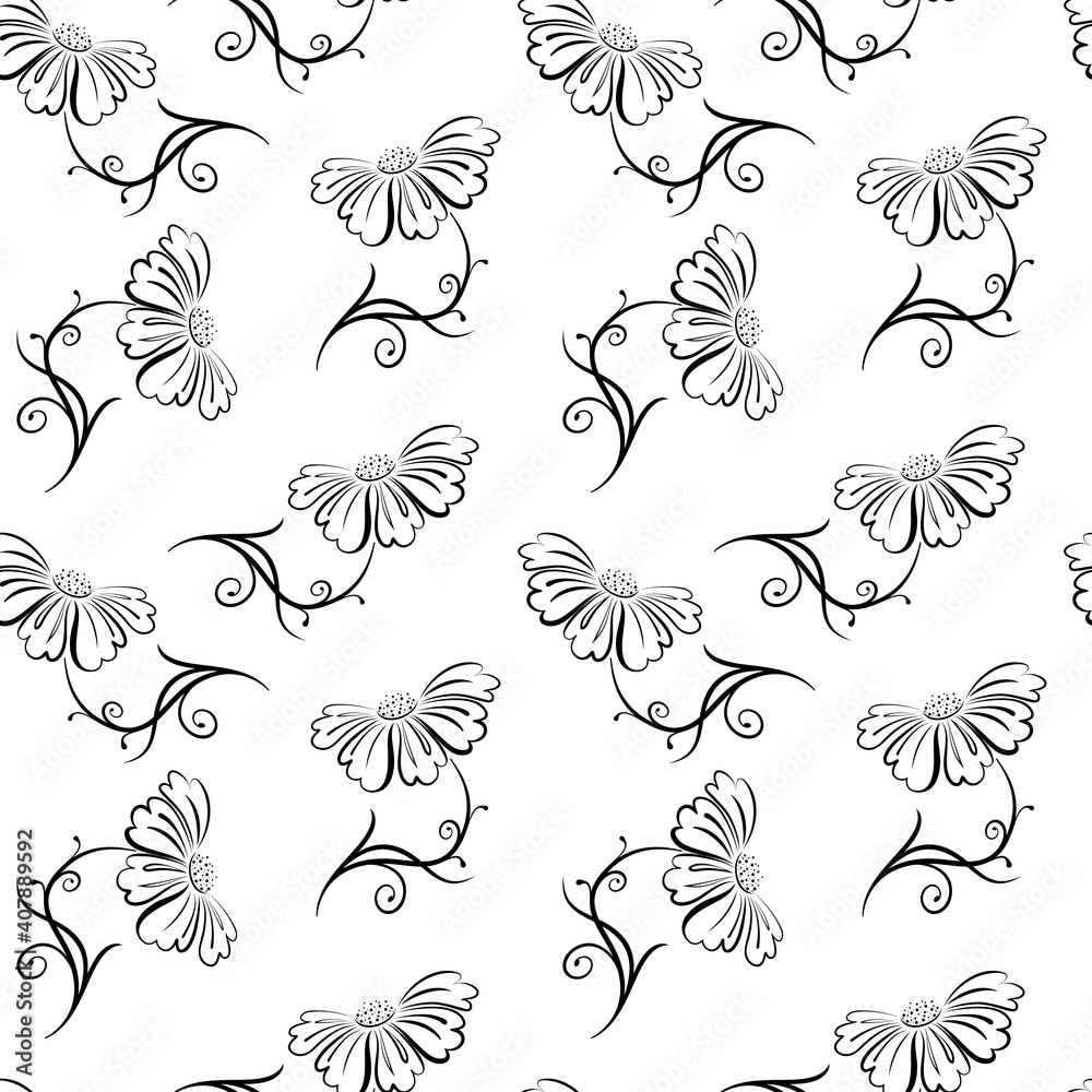 Fototapeta premium Seamless pattern Flower abstract motif outline silhouette. Black drawing on a white background for fabric, wallpaper, curtains, interior, paper. Vector illustration isolated