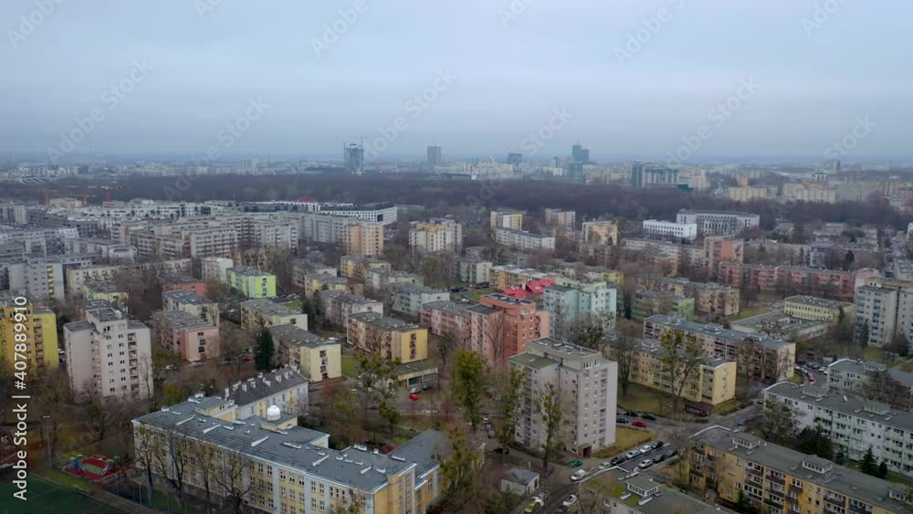 4k drone aerial view of houses in Wola district of Warsaw city, Poland 4k drone aerial view of houses in Wola district of Warsaw city, Poland