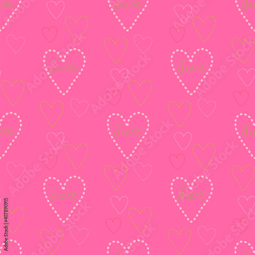 Seamless pattern of hearts on a bright pink background.