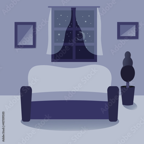 cozy flat purple apartment at night with the big window with the view of  stars and moon. pictures on the wall, waved plant and big comfortable sofe in the middle  vector illustration interior design