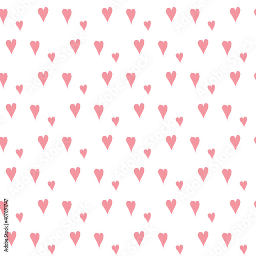 Seamless pattern of small pink hearts on a white background.