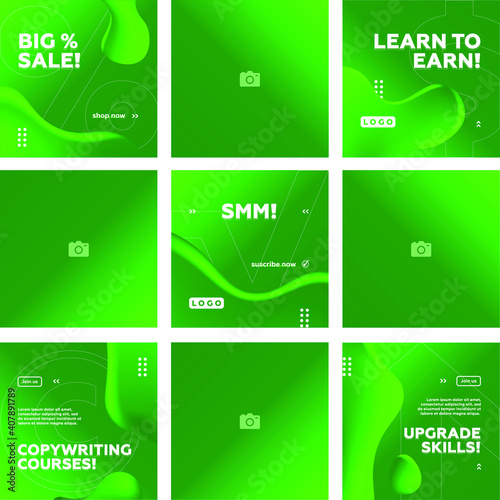 Set of 9 Editables Green Fluid square banner template. Endless Feed. Gradient Abstract Liquid Background. Social media, internet ads, sale marketing promo. Vector 10 EPS