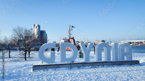 The inscription 'Gdynia' in the wharf in winter time, Gdynia, Poland