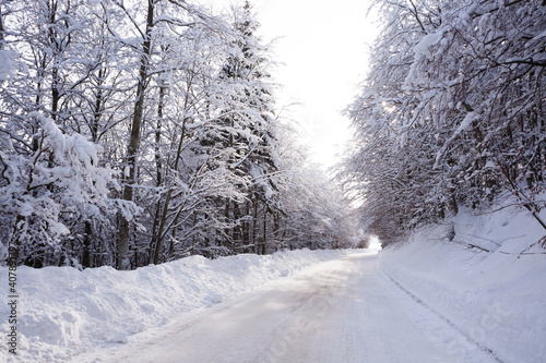 Winter landscape, road covered by snow © elleonzebon