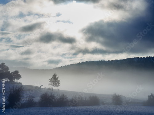 Snowy landscape in the natural park of the Sierra de Mariola, Spain