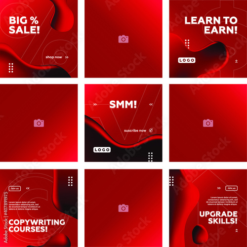 Set of 9 Editables Red Fluid square banner template. Endless Feed. Gradient Abstract Liquid Background. Social media, internet ads, sale marketing promo. Vector 10 EPS