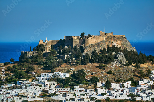 Medieval fortress and white houses of Lindos village