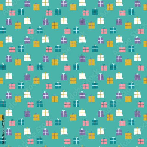 Gifts tied with ribbon seamless pattern. Holiday gifts with bow. Repeating element. Vector illustration.