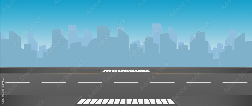 An empty straight road. City on the horizon. Vector illustration.