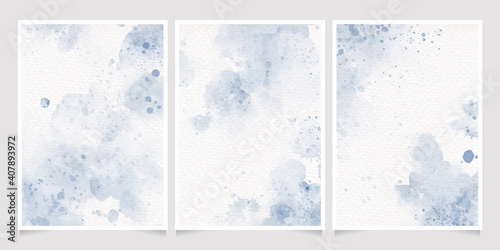 navy indigo blue watercolor wet wash splash on paper birthday or wedding invitation card background template collection
