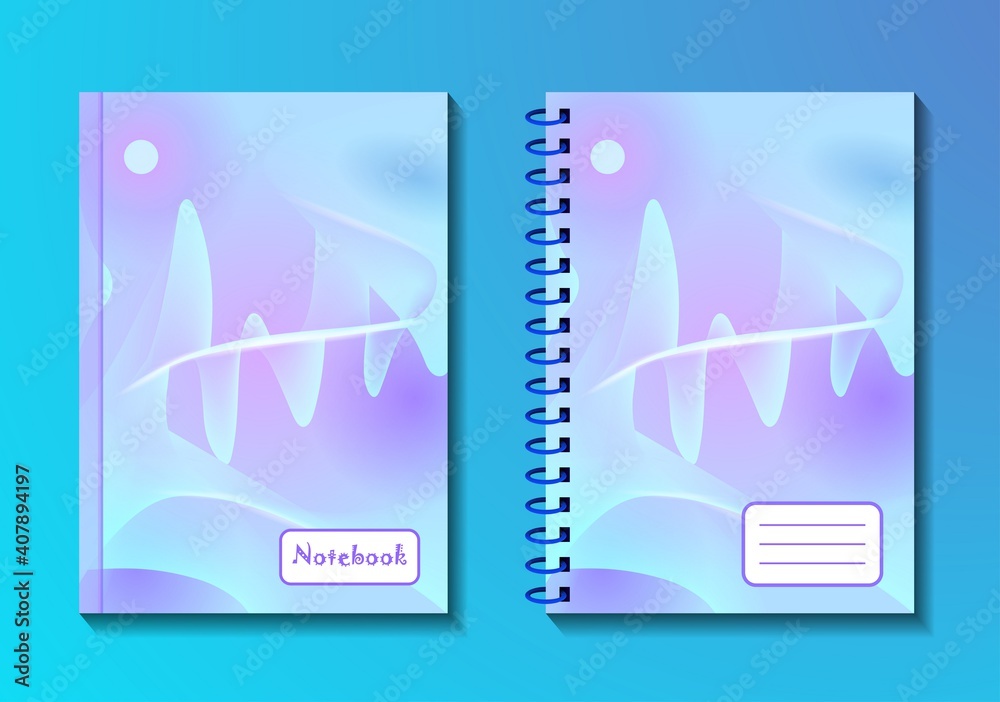 Fototapeta premium Fantasy landscape in neon colors. Mountains, the moon and natural sand bridge on alien planet. Template for notebook, workbook, notepad, book in abstract colorful design. Vector illustration, eps 10