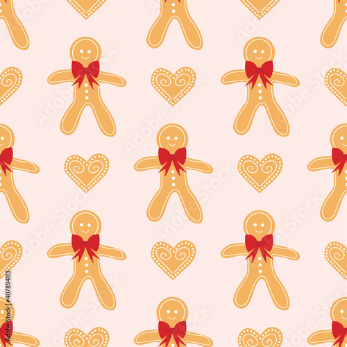 Seamless pattern of gingermen cookies and hearts with white icing as decoration.