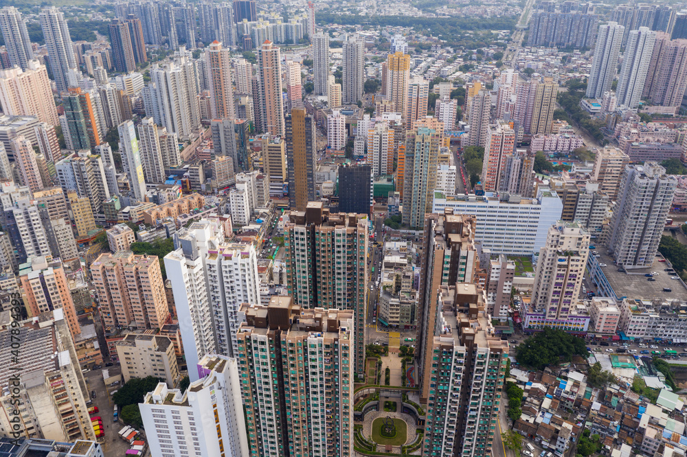Fototapeta premium Drone fly over Hong Kong city