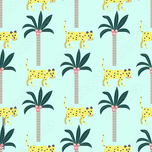 Seamless pattern of leopards and palm trees on a blue background.
