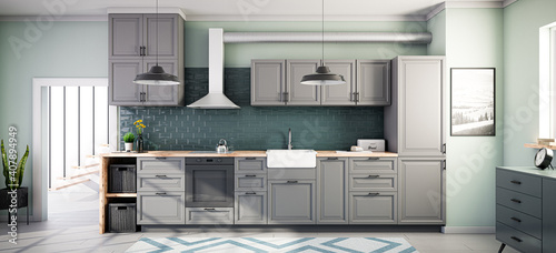 Scandinavian open style kitchen in grey color  green tiles. 3d render