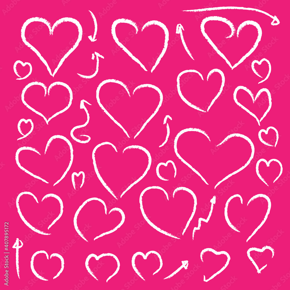Heart shaped white chalk lines on pink background