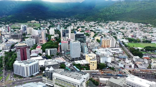Aerial view, Flight at city view of Port Louis with harbor, old town and financial district, Mauritius