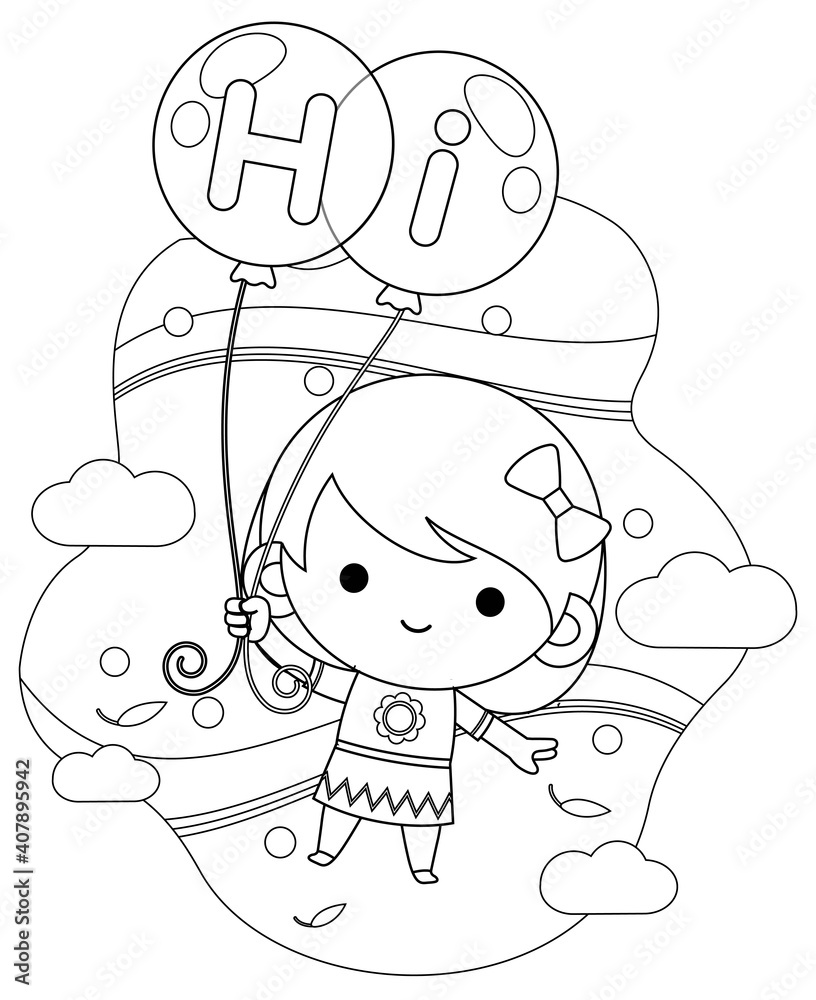 Obraz premium Coloring book for kids. Cute Little Girl Flying With Balloons In The Sky