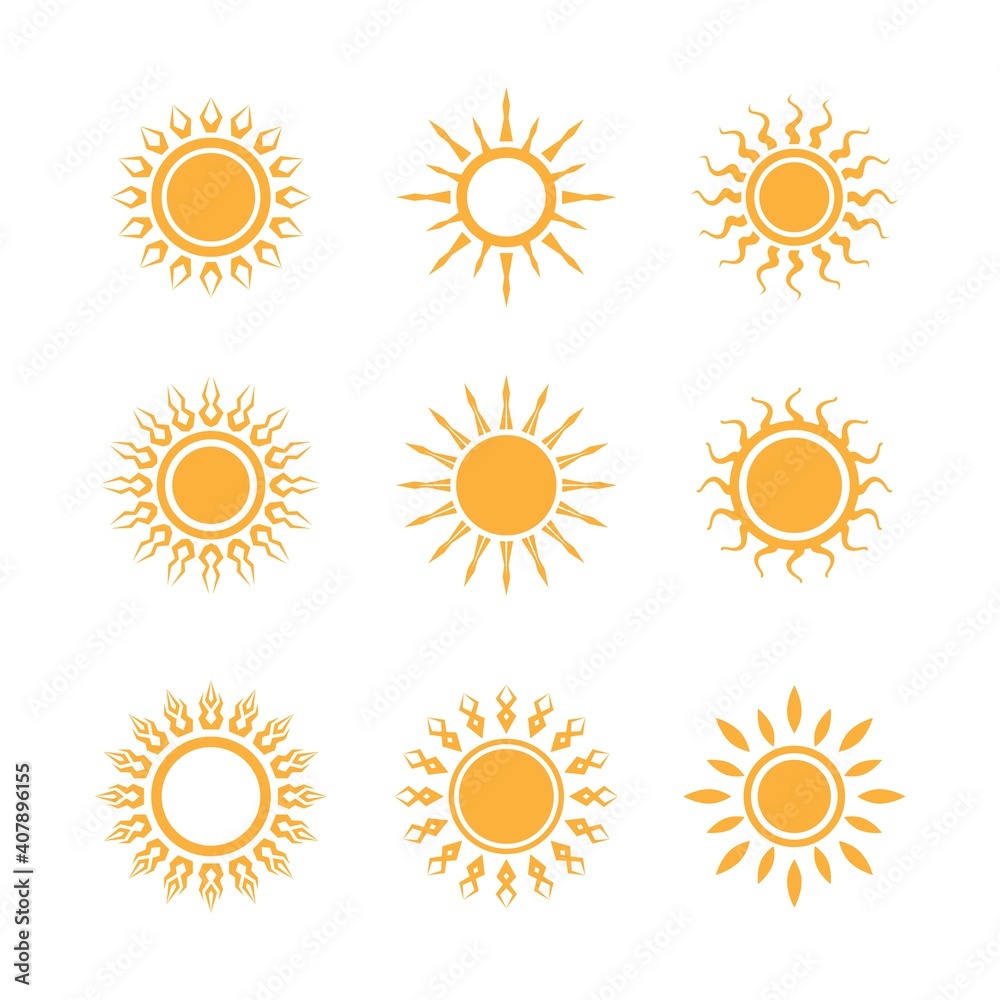 Set of sun icons logo vector in various design. Sun icon silhouette on white isolated background. Set of sun icons logo vector in various design. Sun icon silhouette on white isolated background.