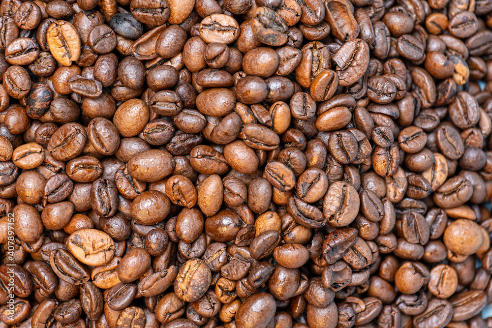 coffee beans close-up, view from the top