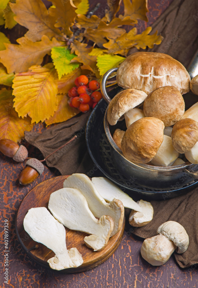 Mushroom Boletus edulis over Wooden Background, close up on wood rustic table. Cooking delicious organic mushroom. Gourmet food Mushroom Boletus edulis over Wooden Background, close up on wood rustic table. Cooking delicious organic mushroom. Gourmet food