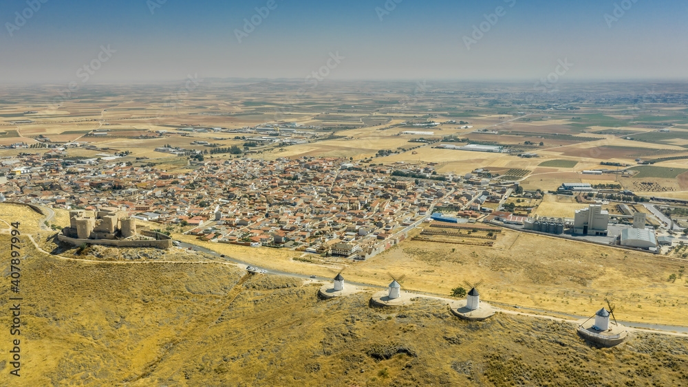 aerial view, windmills with castle, Consuegra, Castile-La Mancha, Spain