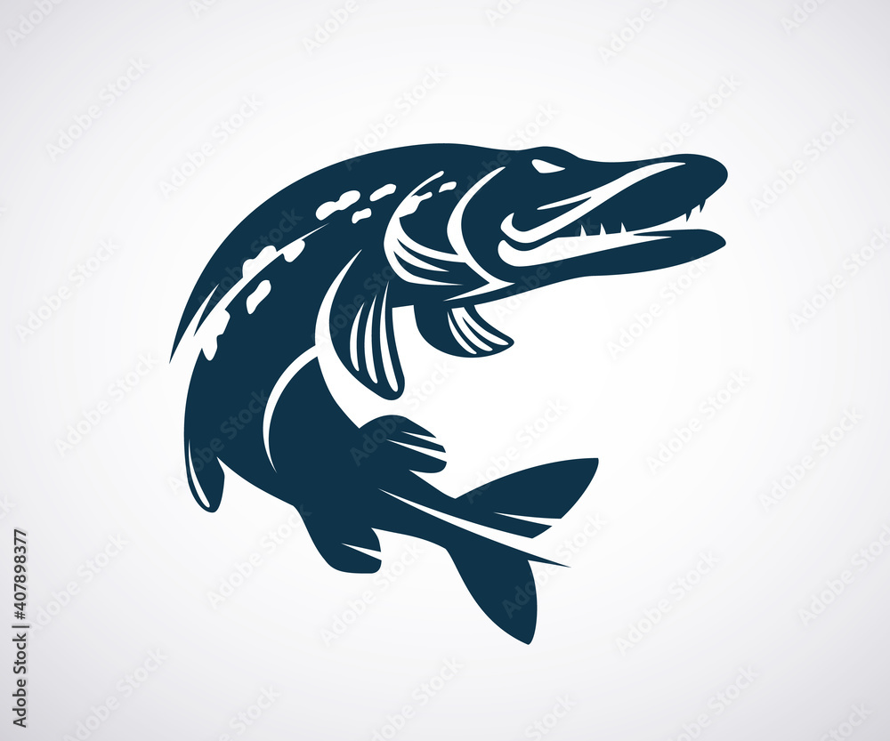 Pike icon or logo template. Jumping fish isolated on white background.  Fishing concept. Vector illustration. Stock Vector