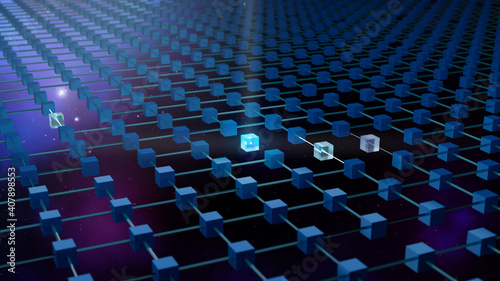 Blockchain Concept Background. Connected Blocks of the Global Decentralized Data Network. Abstract 3D Rendering.