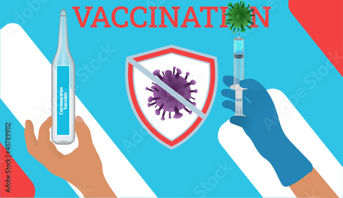Stop Covid 19. Horizontal web banner Vaccination with hand holding medical vaccine and syringe. Virus sign. Disease prevention coronavirus. Stock vector illustration on blue isolated background.
