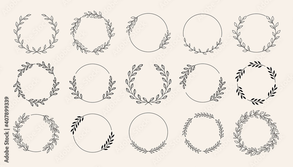 Set of black laurels frames branches with circle borders. Hand drawn collection laurel leaves decorative elements. award, Leaves, invitation decoration, swirls, ornate. Vector icon illustration. Set of black laurels frames branches with circle borders. Hand drawn collection laurel leaves decorative elements. award, Leaves, invitation decoration, swirls, ornate. Vector icon illustration.