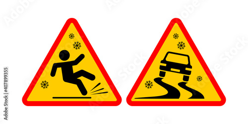 Slippery road sign. Triangular winter temporary warning sign. For pedestrians and drivers Vector on transparent background