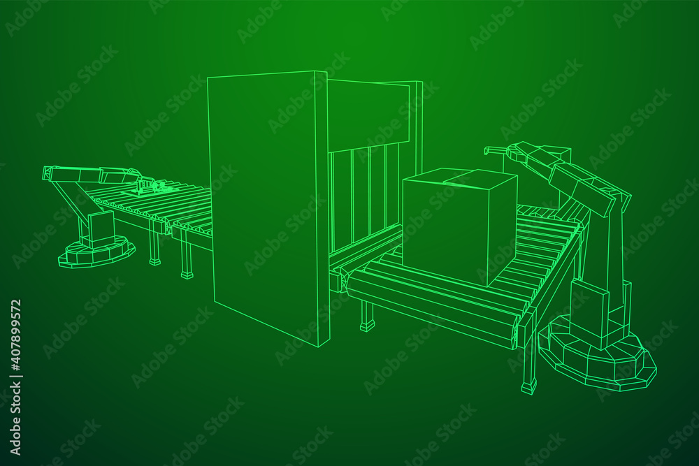 Robotic arm manufacture technology industry assembly mechanic hand. Regular roller conveyor with circuit boards and packed boxes. Wireframe low poly mesh vector illustration