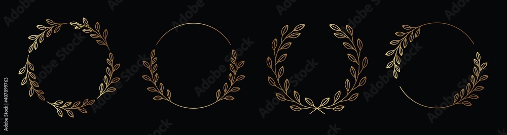 Set of gold laurels frames branches with circle borders. Hand drawn collection laurel leaves decorative elements. award, Leaves, invitation decoration, swirls, ornate. Vector icon illustration. Set of gold laurels frames branches with circle borders. Hand drawn collection laurel leaves decorative elements. award, Leaves, invitation decoration, swirls, ornate. Vector icon illustration.