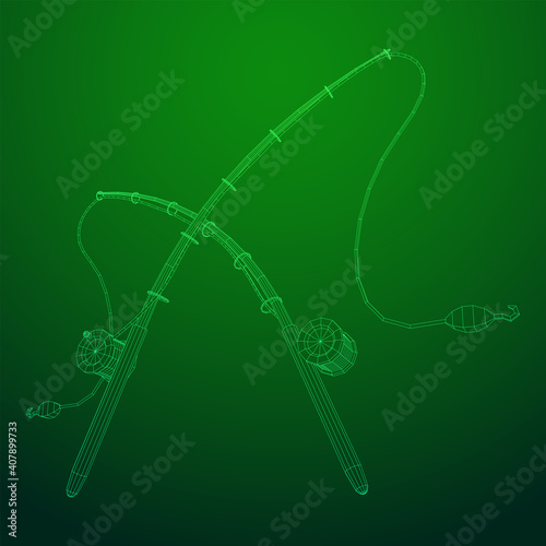 Fishing rod with line sinker and hook. Wireframe low poly mesh vector illustration.