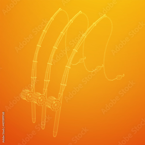 Fishing rod with line sinker and hook. Wireframe low poly mesh vector illustration.