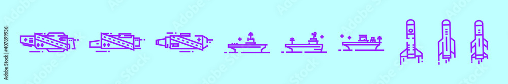 set of aircraft carrier and missile cartoon icon design template with various models. vector illustration isolated on blue background