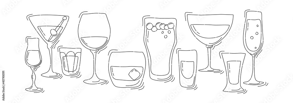 Collection of glasses of alcohol thin lines. Beer champagne red wine liquor vodka martini whiskey rum tequila. Hand draw cartoon illustration. Doodle line art graphic design. Freehand drawing style Collection of glasses of alcohol thin lines. Beer champagne red wine liquor vodka martini whiskey rum tequila. Hand draw cartoon illustration. Doodle line art graphic design. Freehand drawing style