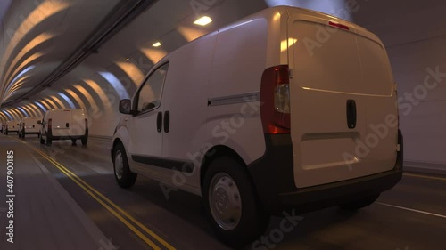 White Mini Vans Moving Inside a Tunnel 3D Rendering