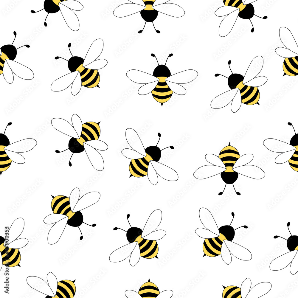 Seamless pattern with flying bees. Vector cartoon black and yellow bees isolated on white background. Seamless pattern with flying bees. Vector cartoon black and yellow bees isolated on white background.