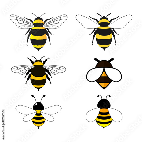 Bees icon set. Cute bee collection. Vector illustration isolated on white