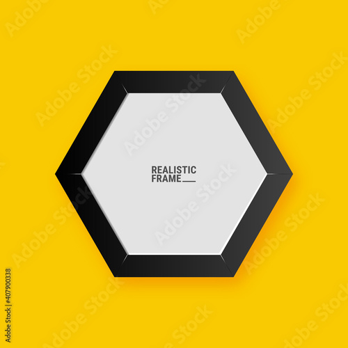 Realistic hexagon picture frame isolated on yellow wall background. Blank picture frame template. Empty photo frame mockup.