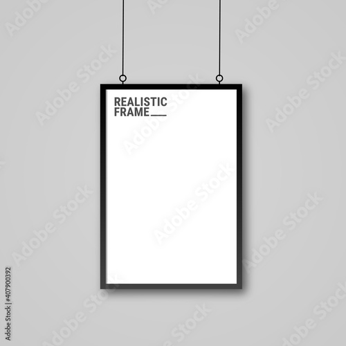 Realistic vertical picture hanging frame isolated on transparent background. Blank hanging frame template. Empty hanging photo frame mockup.