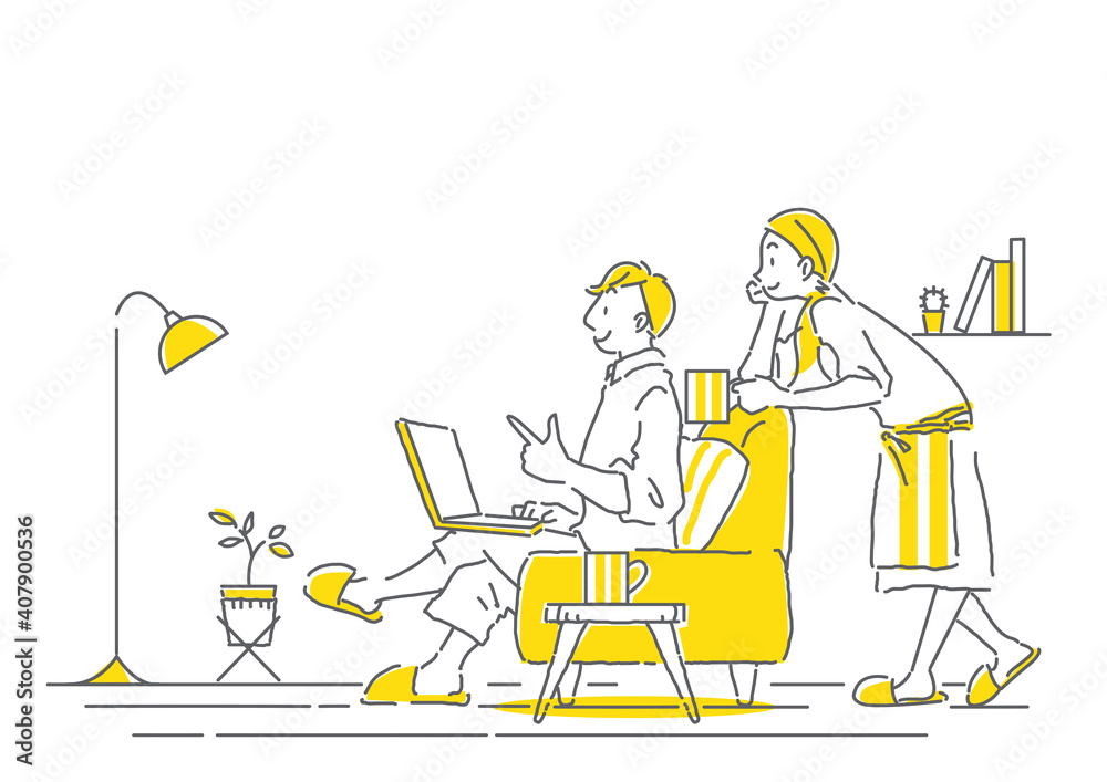 おしゃれなリビングで一緒にパソコン画面を見るカップルのナチュラルでシンプルな手描きの線画イラスト Stock Illustration Adobe Stock