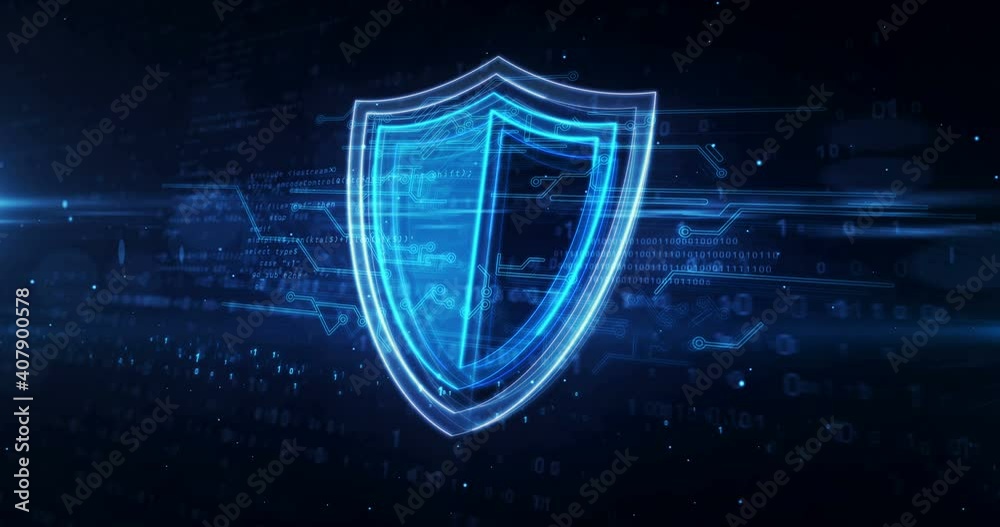 Cyber security concept with shield symbol, privacy and computer protection icon loop animation. Futuristic abstract background 3d rendering.