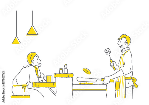 カウンターキッチン越しにおしゃべりするカップルのシンプルな手描きの線画イラスト