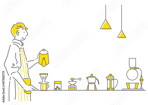 コーヒーのハンドドリップを楽しむ男性の横視点のシンプルな線画イラスト