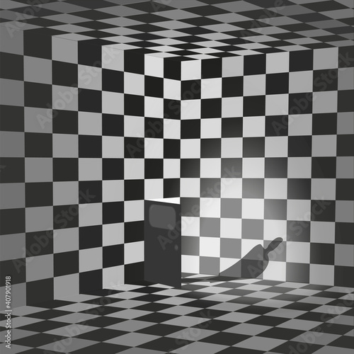 The light and human shape through the opened door in dark room. Gingham illision. Vector illustration.