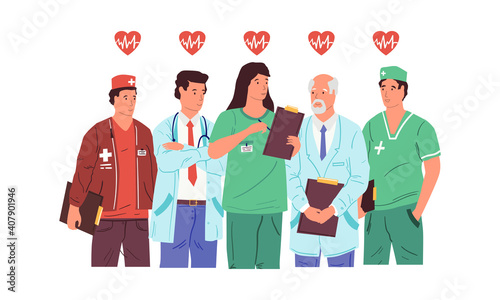 Hero doctors. Health care medical team. Cartoon medics and nurses standing together. Clinic workers heal and save lives. Hospital staff in uniform. Red heart sign with pulse line. Vector illustration