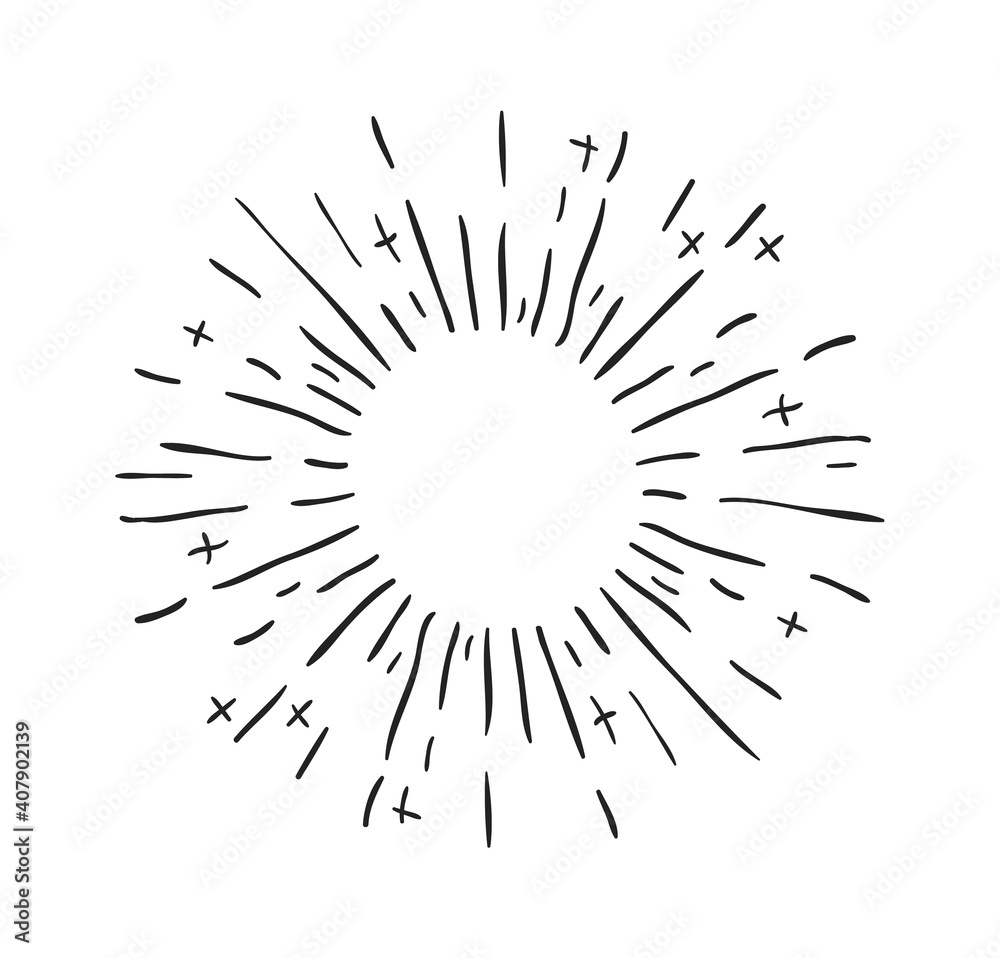 Hand drawn decorative starburst. Outline shining star with round frame and copy space. Isolated minimal explosion or firework. Contour line sketch of radial sunbeams. Flat style vector template