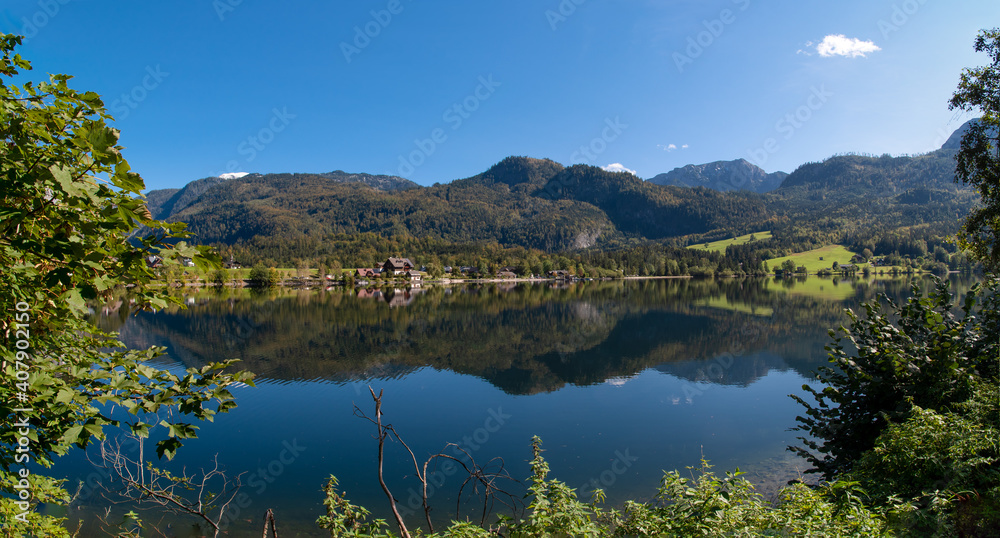 Panoramic view of the eastern shore of the Grundlsee in Styria, Austria.